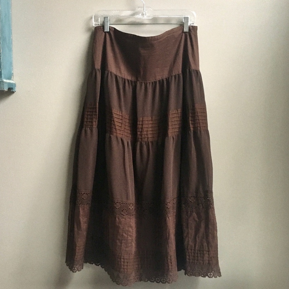 Brown, long, boho peasant skirt.